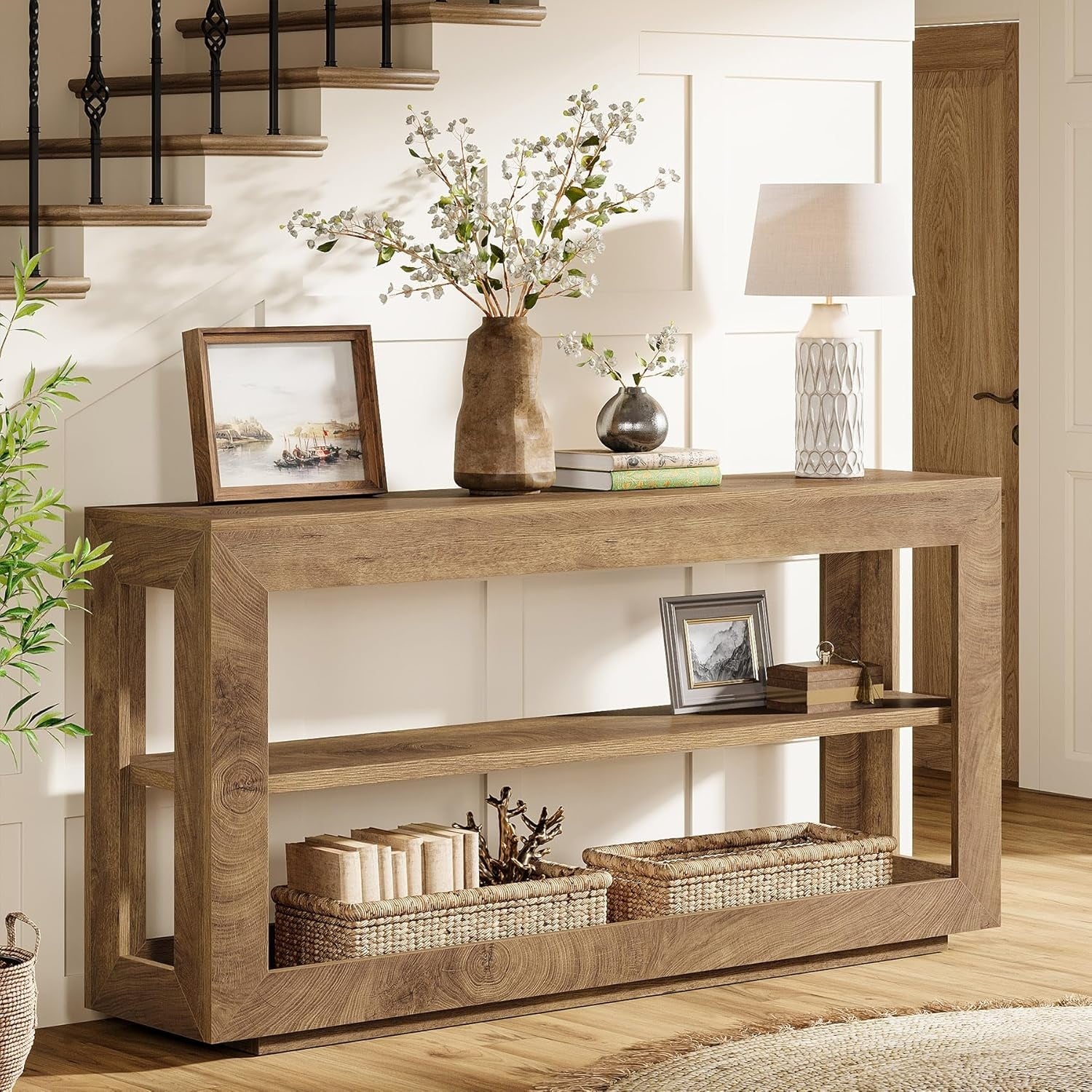 Console etroite en bois 160 cm avec trois etageres, style maison de campagne pour entree salon ou salle a manger
