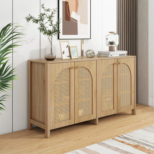 Meuble rotin naturel 145 cm a quatre compartiments fermes avec poignets metal, rangement elegant pour espace repas