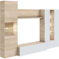 Ensemble complet de meubles de sejour avec eclairage LED, finition blanc brillant et chene canadien, dimensions 260 x 185 x 42 cm