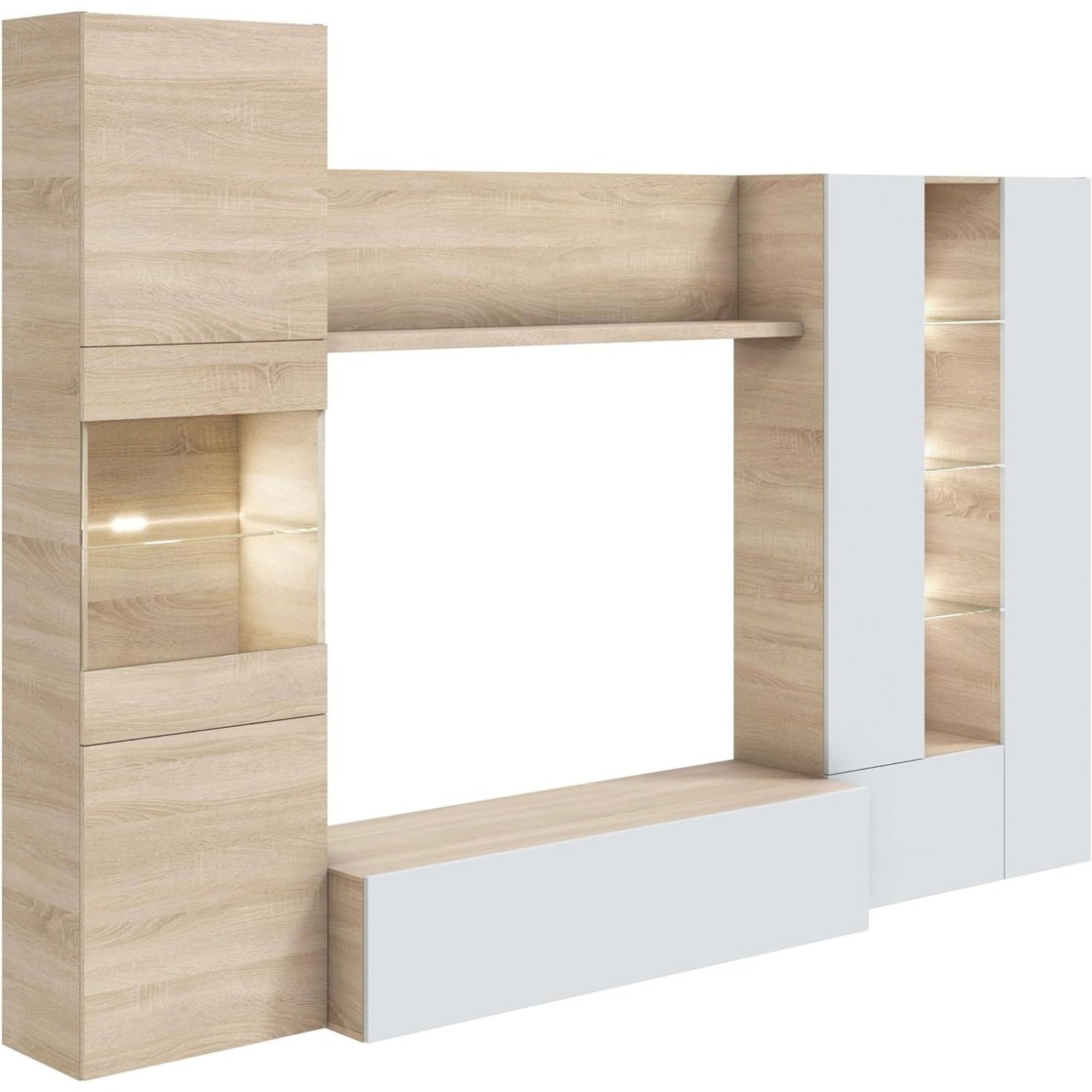Ensemble complet de meubles de sejour avec eclairage LED, finition blanc brillant et chene canadien, dimensions 260 x 185 x 42 cm