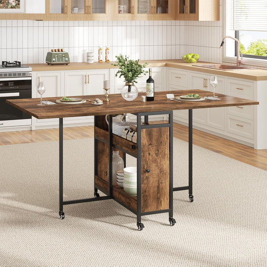 Table pliante mobile marron avec rangement integre et roulettes pour gagner de la place