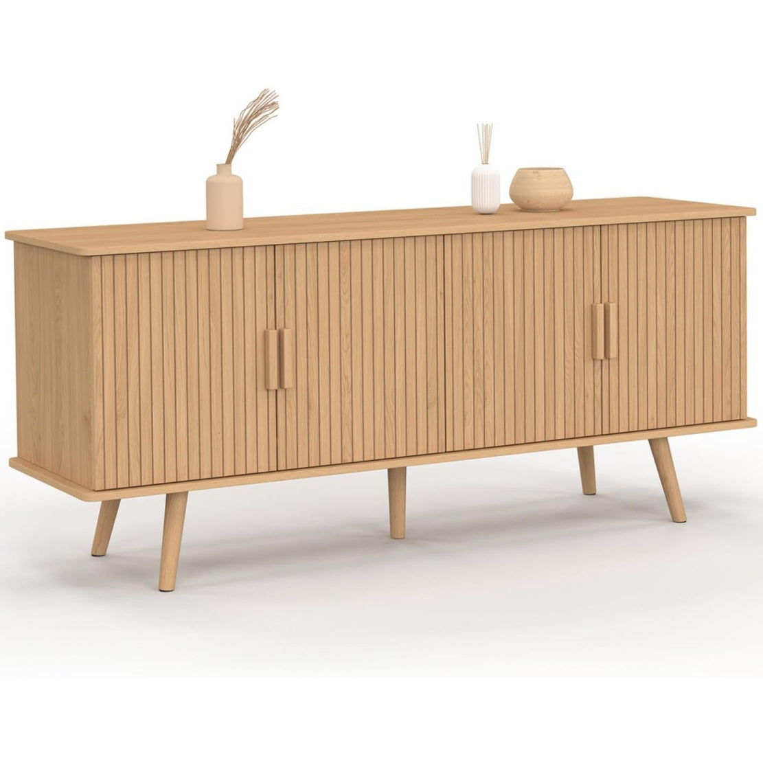 Meuble bas chene 140 cm avec quatre portes et facade effet lattes, solution decorative pour salon salle a manger