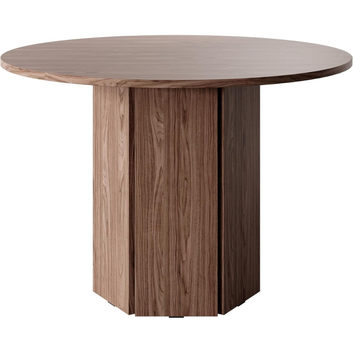 Table de salle a manger ronde 110 cm en finition noyer, ambiance chaleureuse pour quatre personnes