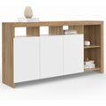 Commode de rangement 140 cm effet hetre avec portes blanches et design naturel