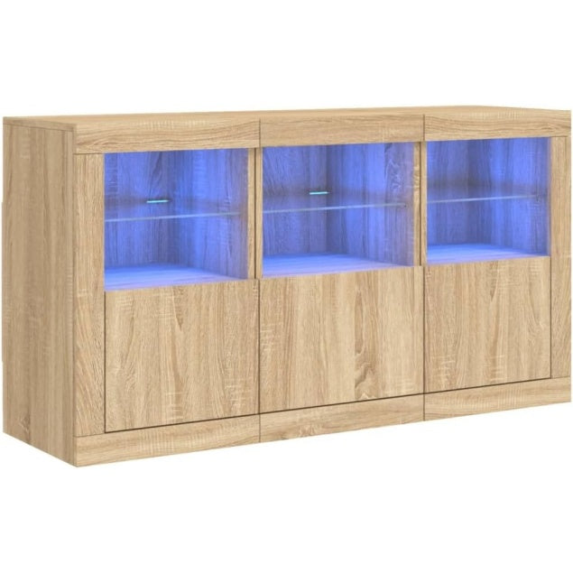 Buffet LED effet chene Sonoma 123 cm avec rangement integre, meuble pratique pour cuisine ou salon