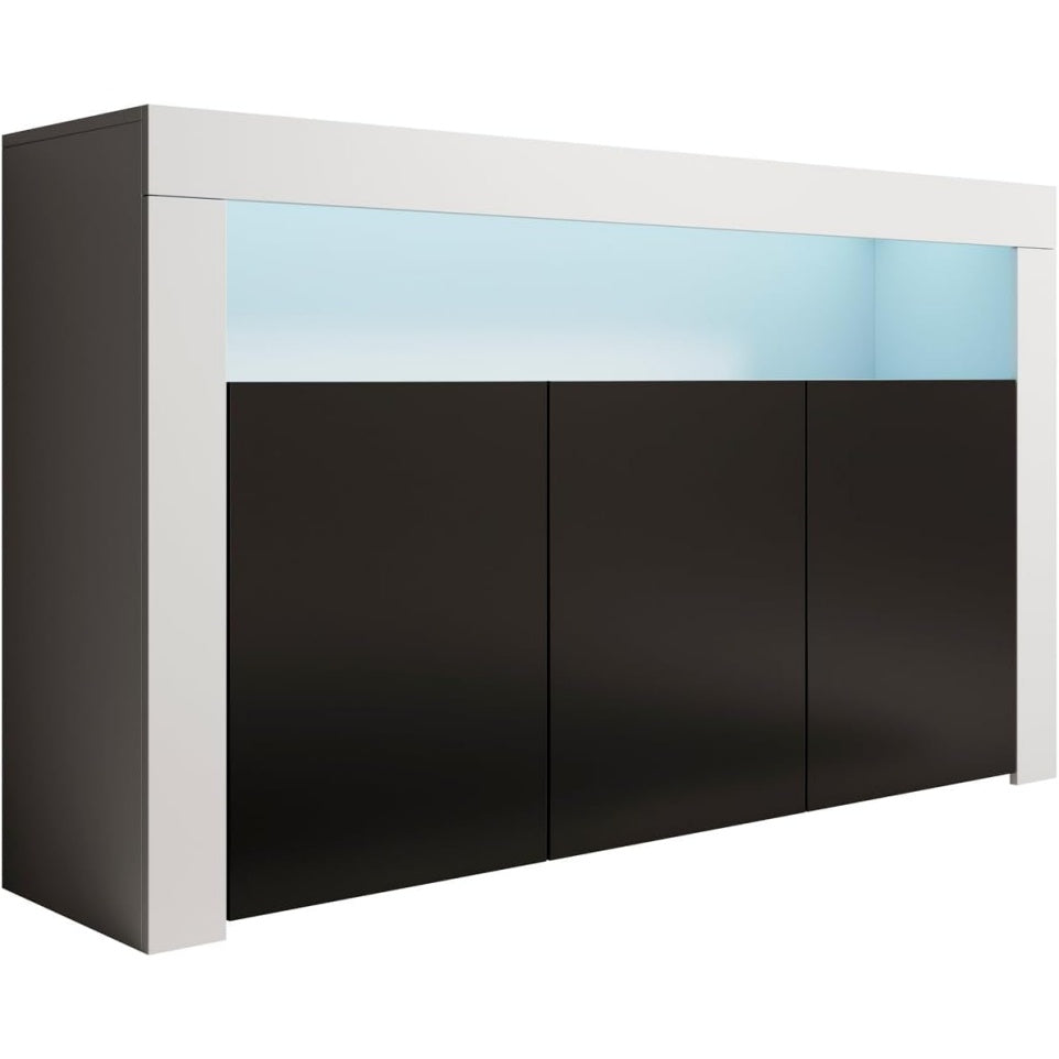Buffet moderne blanc et noir 155 x 91,5 x 37 cm avec finition melamine mate, meuble design pour interieur contemporain