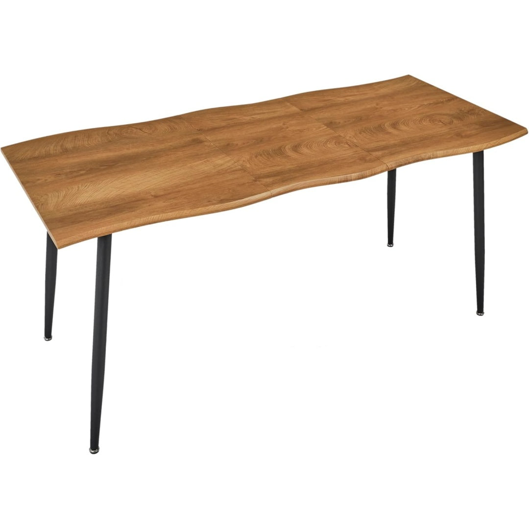 Table de repas extensible aspect chene en MDF, surface ajustable jusqu'a 160 cm pour accueillir quatre a six personnes