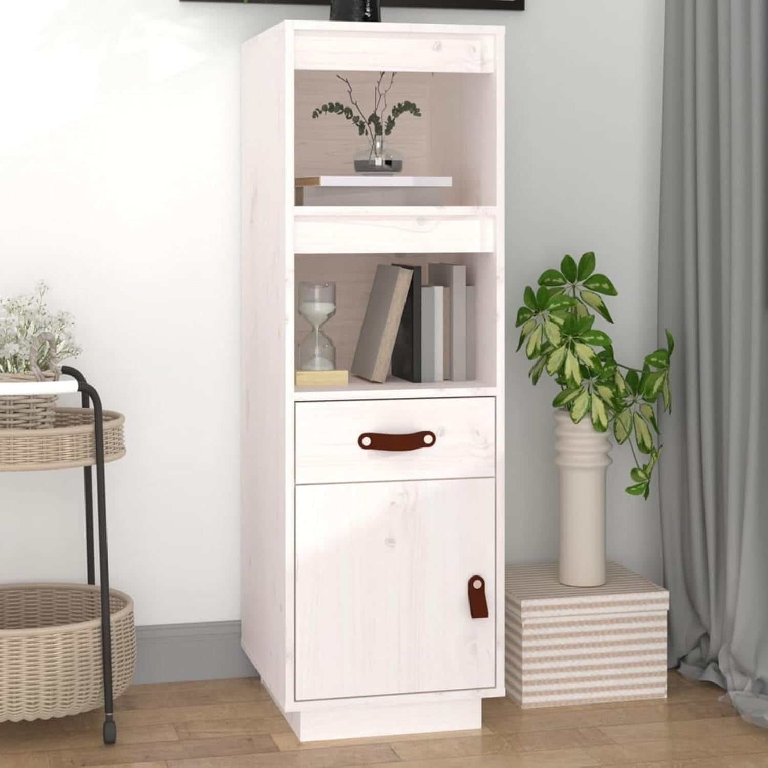 Buffet haut blanc en pin massif 34 x 40 x 108,5 cm avec espace de rangement pratique pour salon ou salle a manger