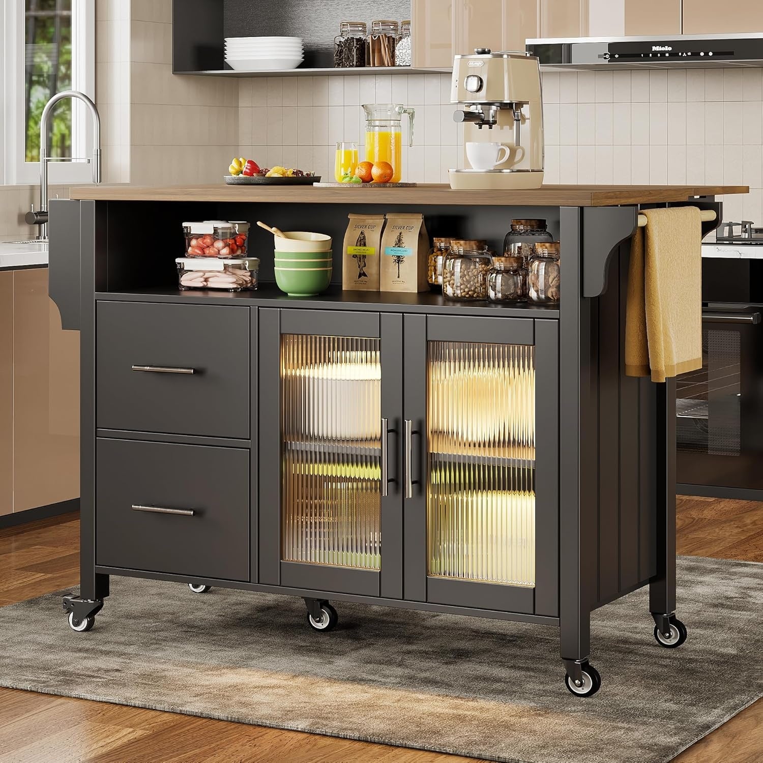 Ilot de cuisine mobile noir avec plateau de travail, vitrines LED, separations amovibles et roulettes pratiques