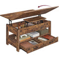 Table basse relevable avec verin a gaz, deux tiroirs et plusieurs espaces de rangement, finition bois rustique marron