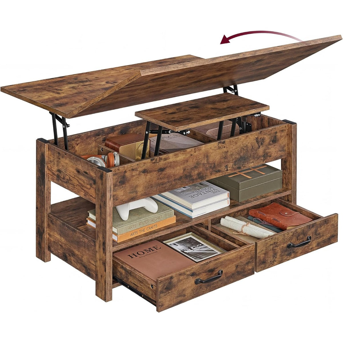 Table basse relevable avec verin a gaz, deux tiroirs et plusieurs espaces de rangement, finition bois rustique marron