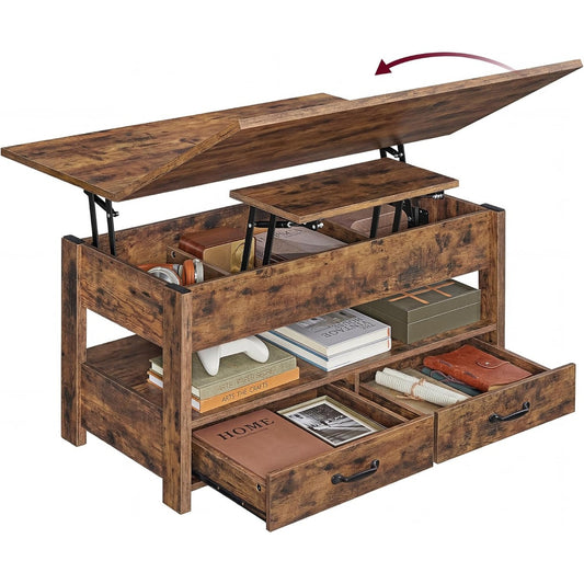 Table basse relevable avec verin a gaz, deux tiroirs et plusieurs espaces de rangement, finition bois rustique marron