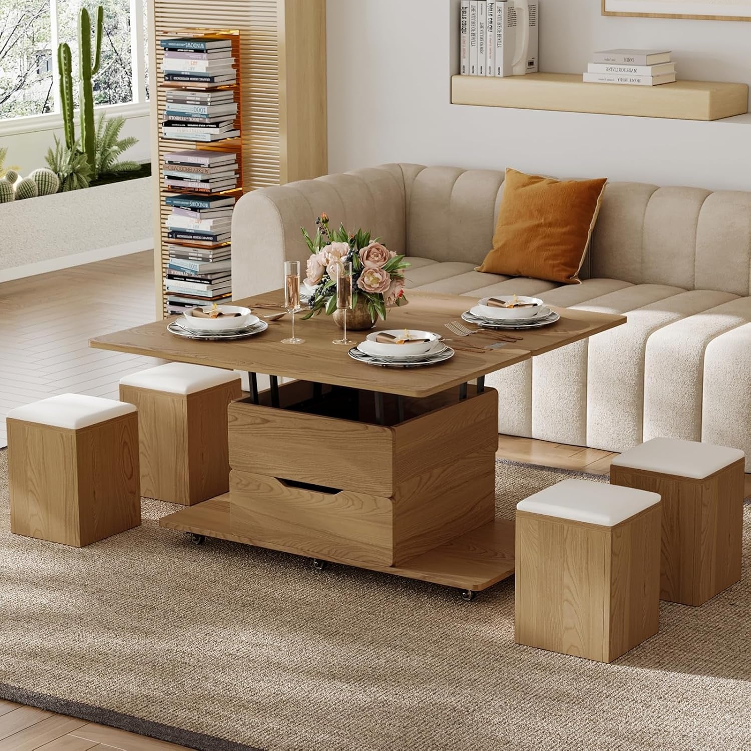 Table basse relevable multifonction avec quatre assises cachees, mecanisme hydraulique et rangement integre