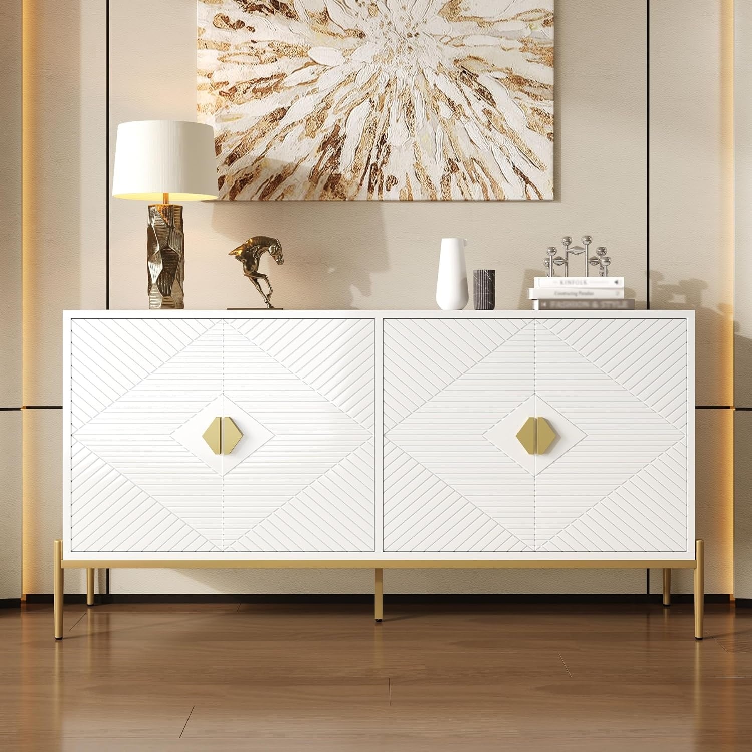 Bahut blanc moderne 162 x 40 x 80 cm avec motif geometrique, 4 portes et pieds dores