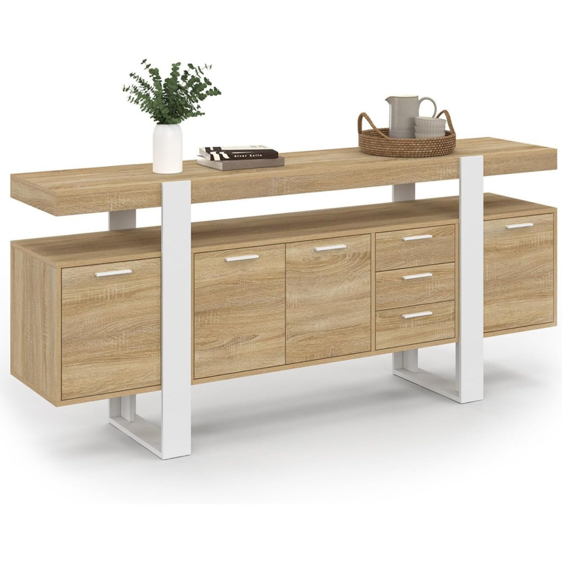 Buffet spacieux 180 cm blanc et bois avec quatre portes et trois tiroirs pratiques
