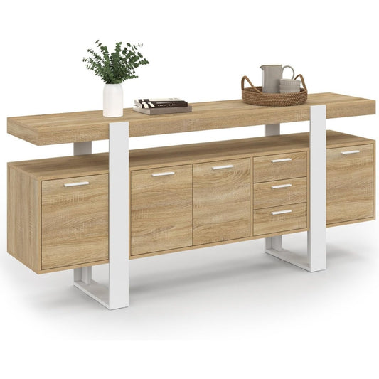 Buffet spacieux 180 cm blanc et bois avec quatre portes et trois tiroirs pratiques