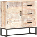 Buffet retro en acacia massif blanc 73 x 30 x 75 cm avec trois tiroirs et une porte, meuble robuste pour salon salle a manger et couloir