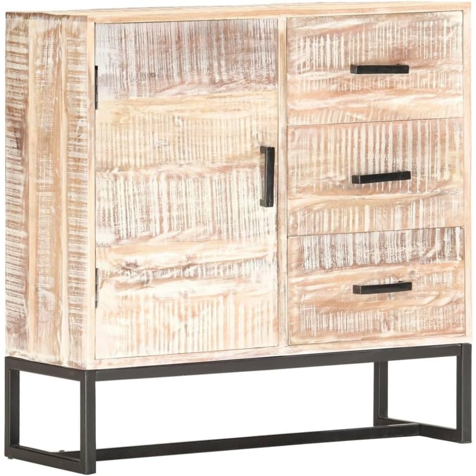 Buffet retro en acacia massif blanc 73 x 30 x 75 cm avec trois tiroirs et une porte, meuble robuste pour salon salle a manger et couloir