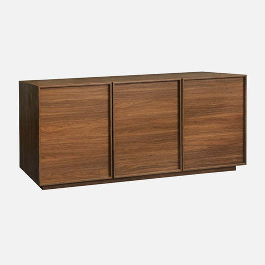 Cabinet effet noyer 160 x 43 x 75 cm avec trois portes, rangement elegant pour completer un interieur moderne