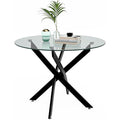 Petite table ronde en verre transparent avec pieds metal noir, design contemporain pour salle a manger, diametre 80 cm