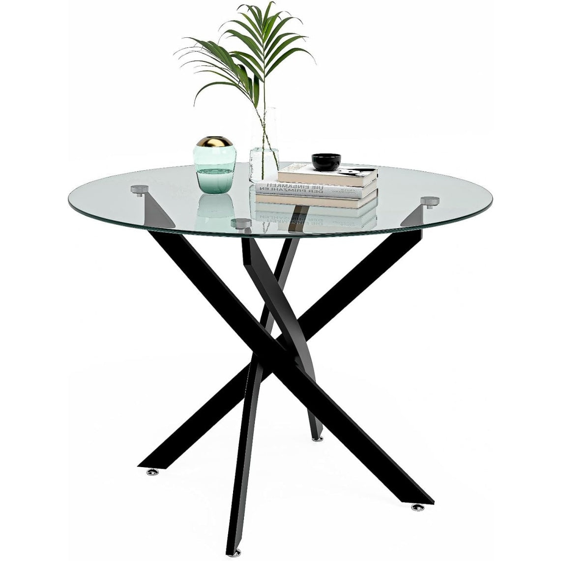 Petite table ronde en verre transparent avec pieds metal noir, design contemporain pour salle a manger, diametre 80 cm
