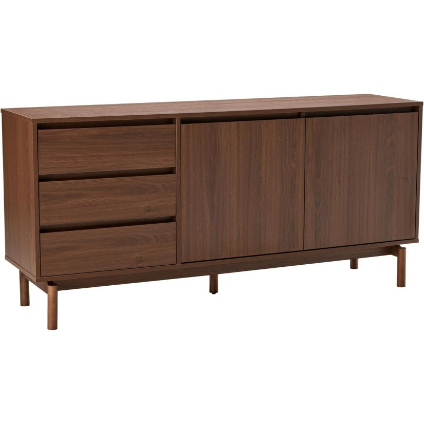 Buffet en bois fonce 160 cm equipe de deux portes, trois tiroirs et deux niches ouvertes, mobilier fonctionnel pour interieur