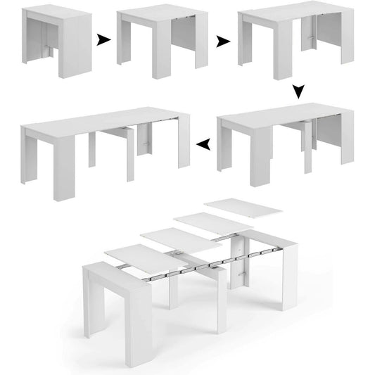 Console extensible blanc brillant jusqu'a 237 cm, table transformable pour grandes receptions