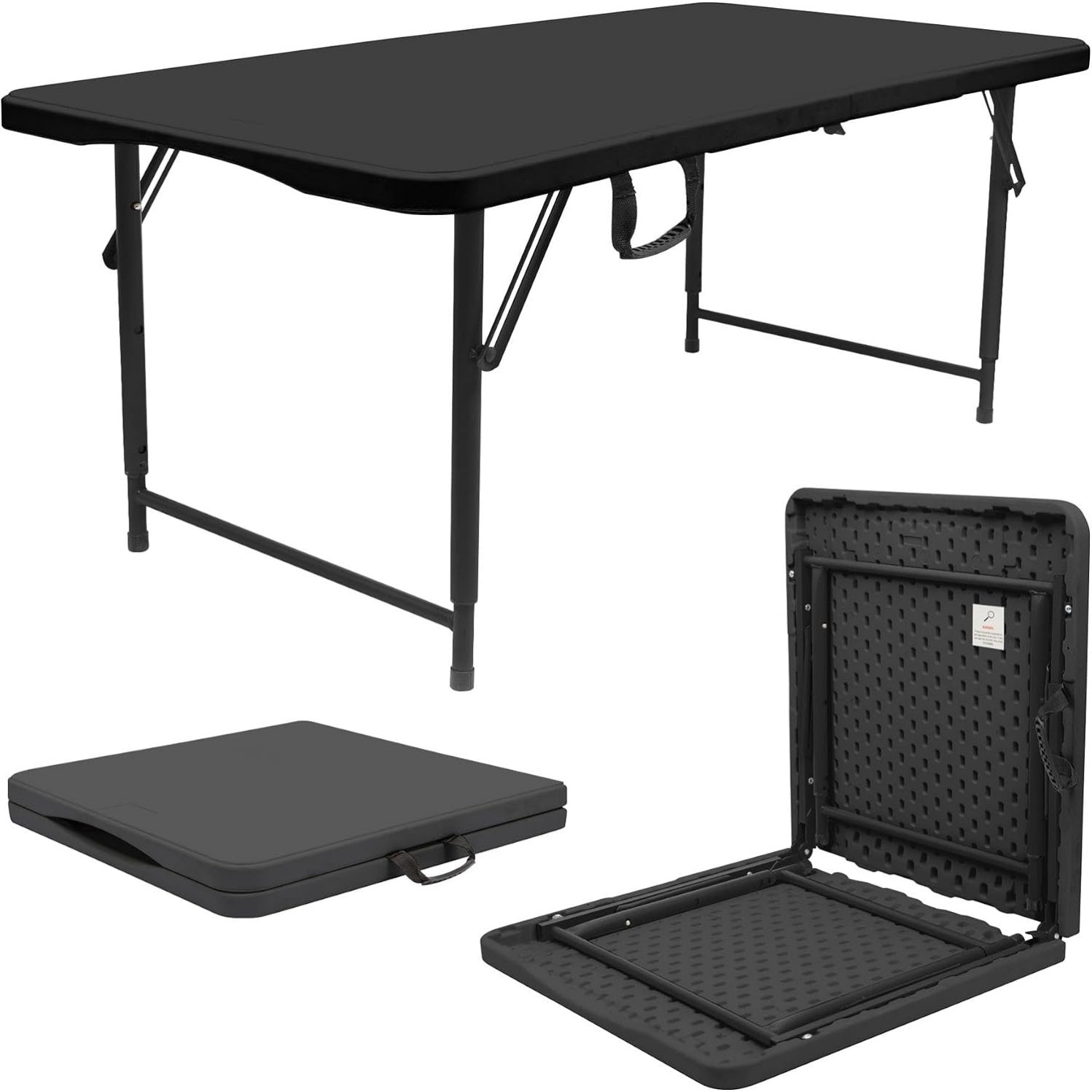 Table pliante reglable noire 120 cm avec plateau plastique solide, mobilier pratique pour jardin camping pique-nique ou repas occasionnels