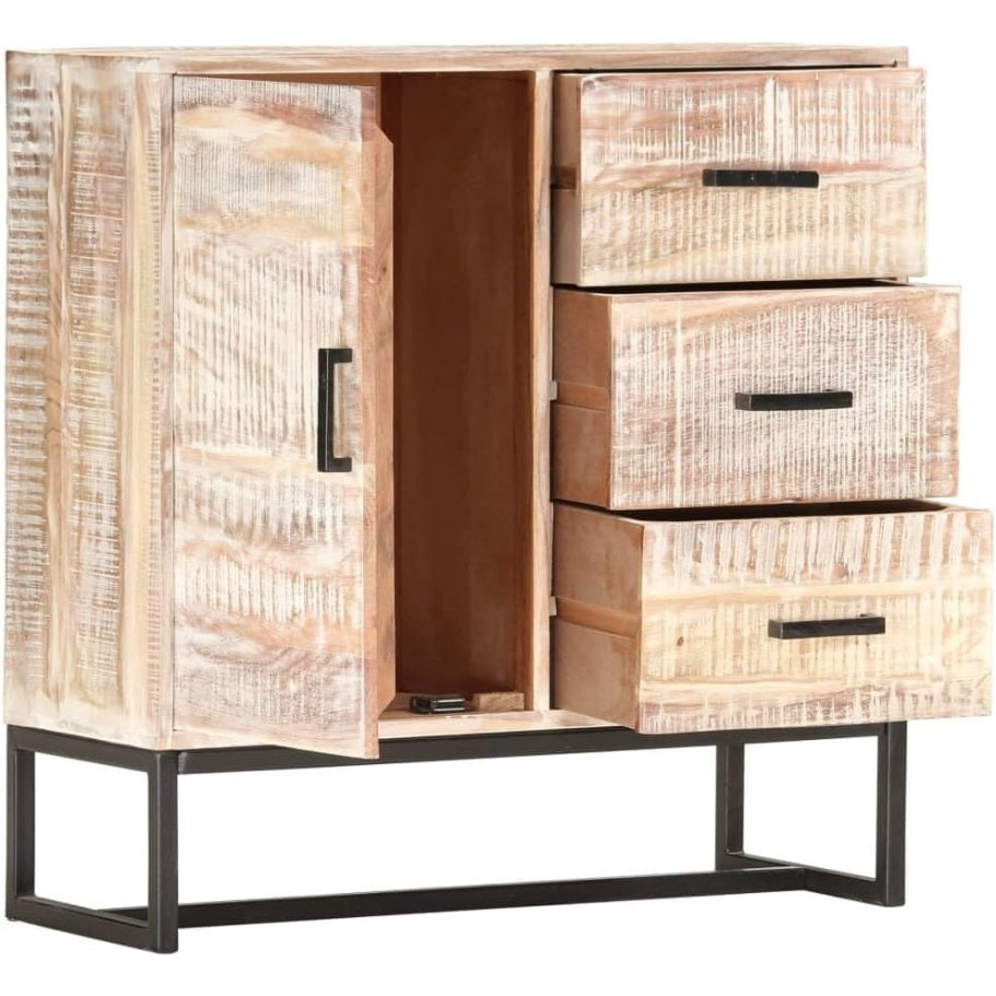 Meuble buffet en acacia massif blanc 73 x 30 x 75 cm avec rangement ferme, mobilier retro pour salon salle a manger et cuisine