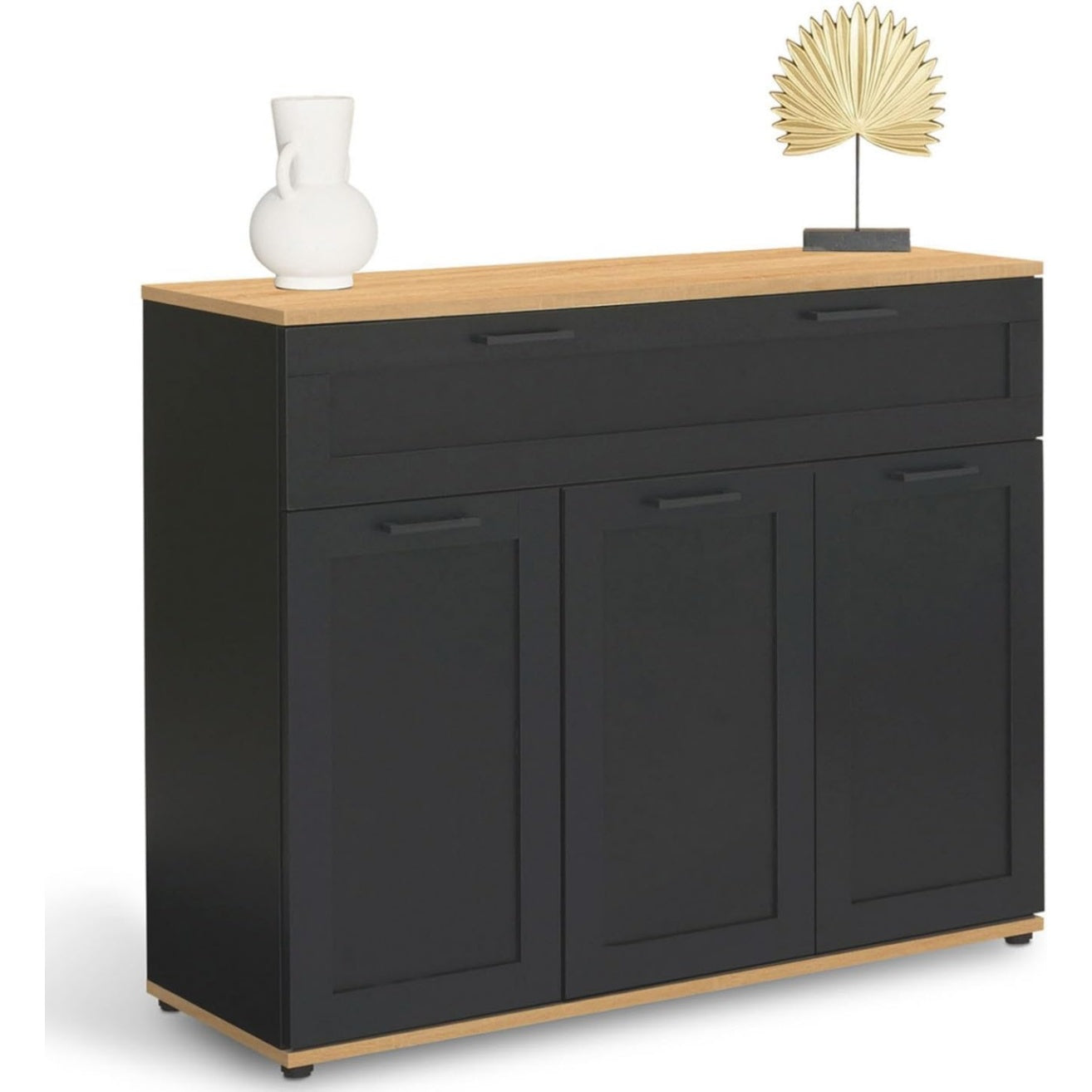 Buffet noir 100 cm avec trois portes, tiroir de rangement et plateau en bois naturel