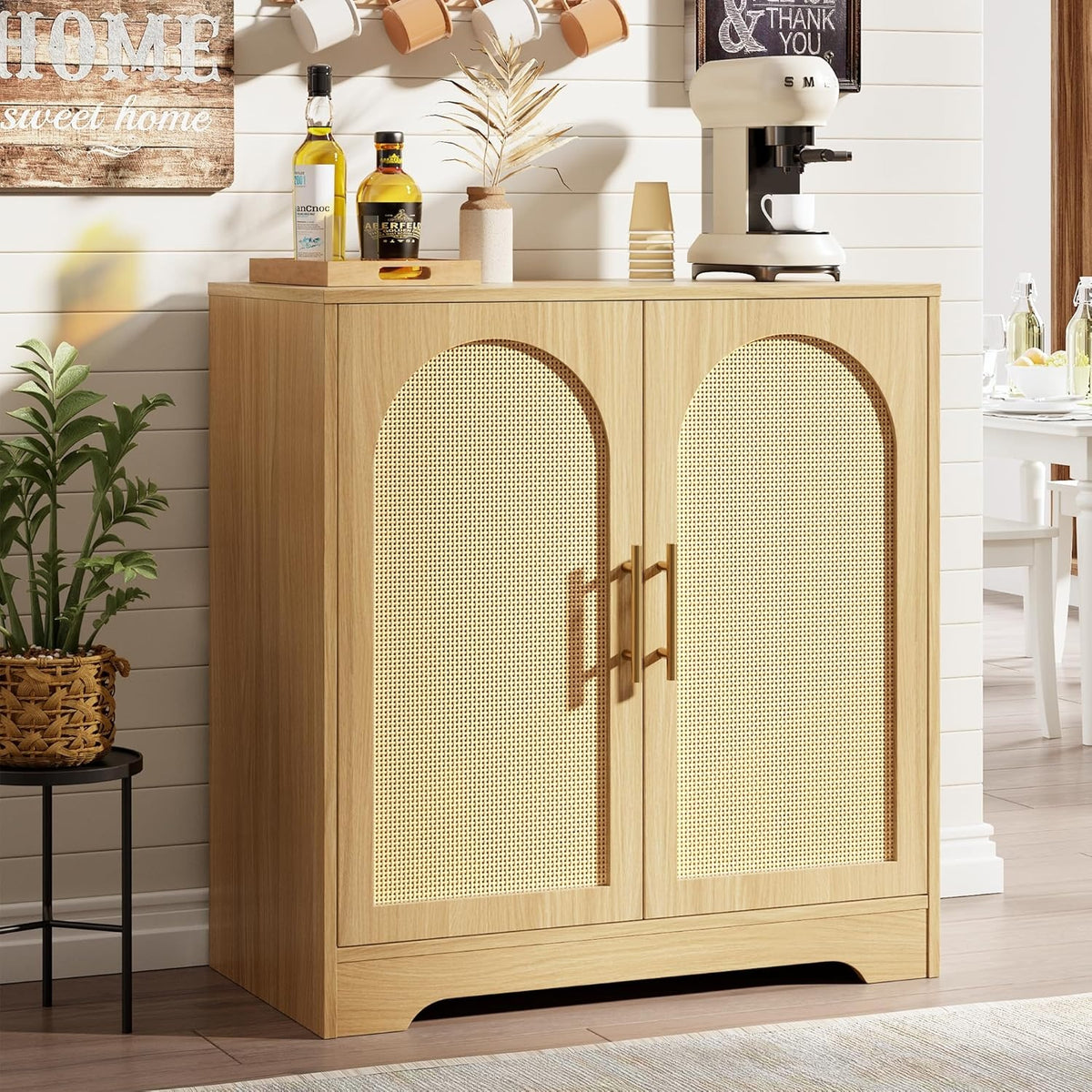 Buffet en rotin 76 cm avec deux portes, meuble d'appoint contemporain pour entree salon ou salle a manger