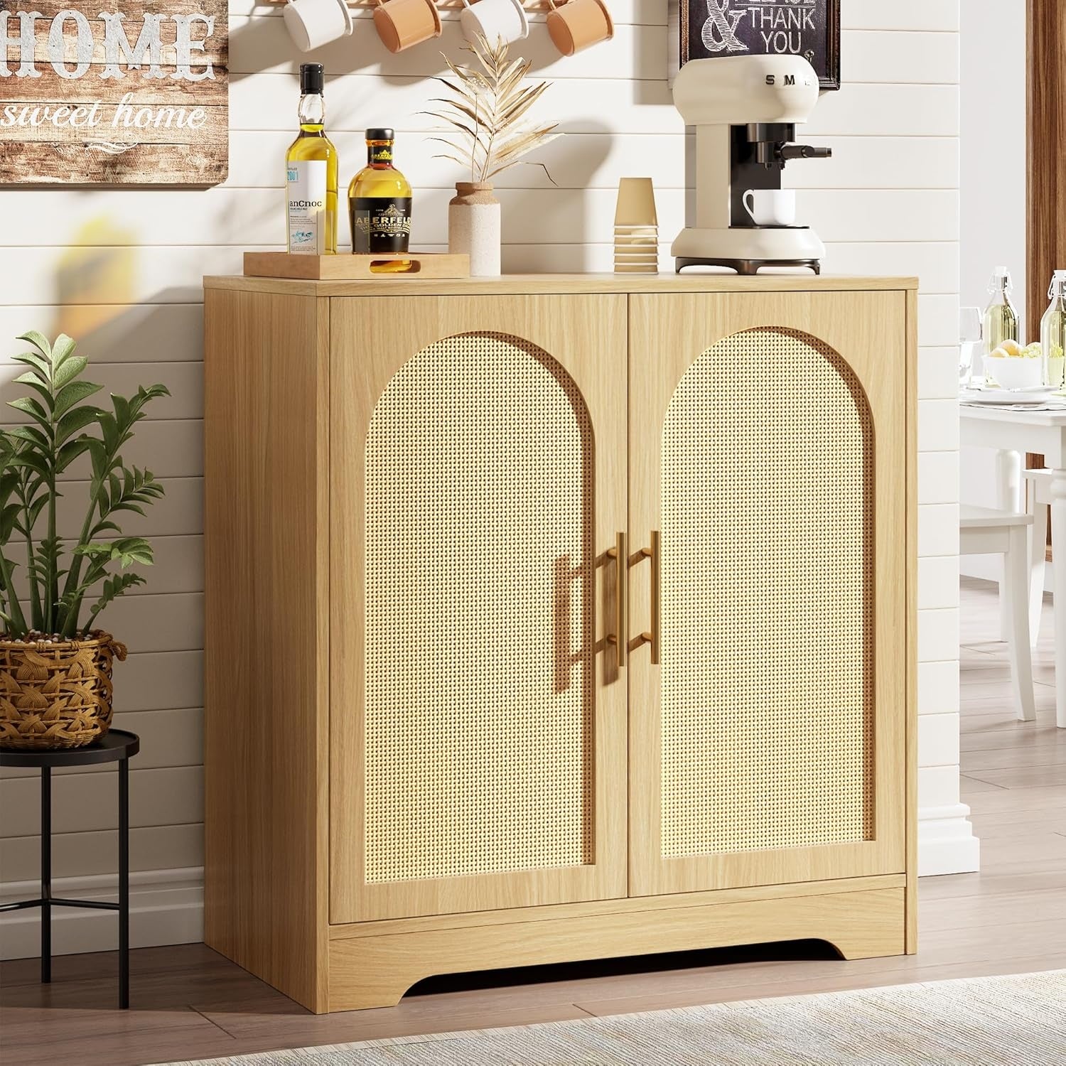 Buffet en rotin 76 cm avec deux portes, meuble d'appoint contemporain pour entree salon ou salle a manger