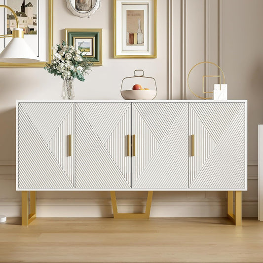 Buffet quatre portes 150 x 40 x 82 cm avec facade texturee, poignees dorees et tablettes interieures ajustables