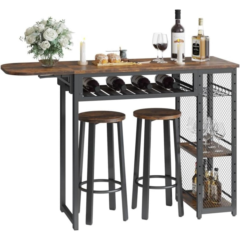 Ensemble table haute industrielle avec 2 tabourets, etagere basse et porte-verres, combinaison metal et bois marron