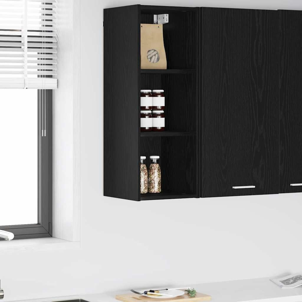 Placard suspendu chene noir 80 cm avec porte battante, meuble mural pour cuisine salle a manger ou cellier